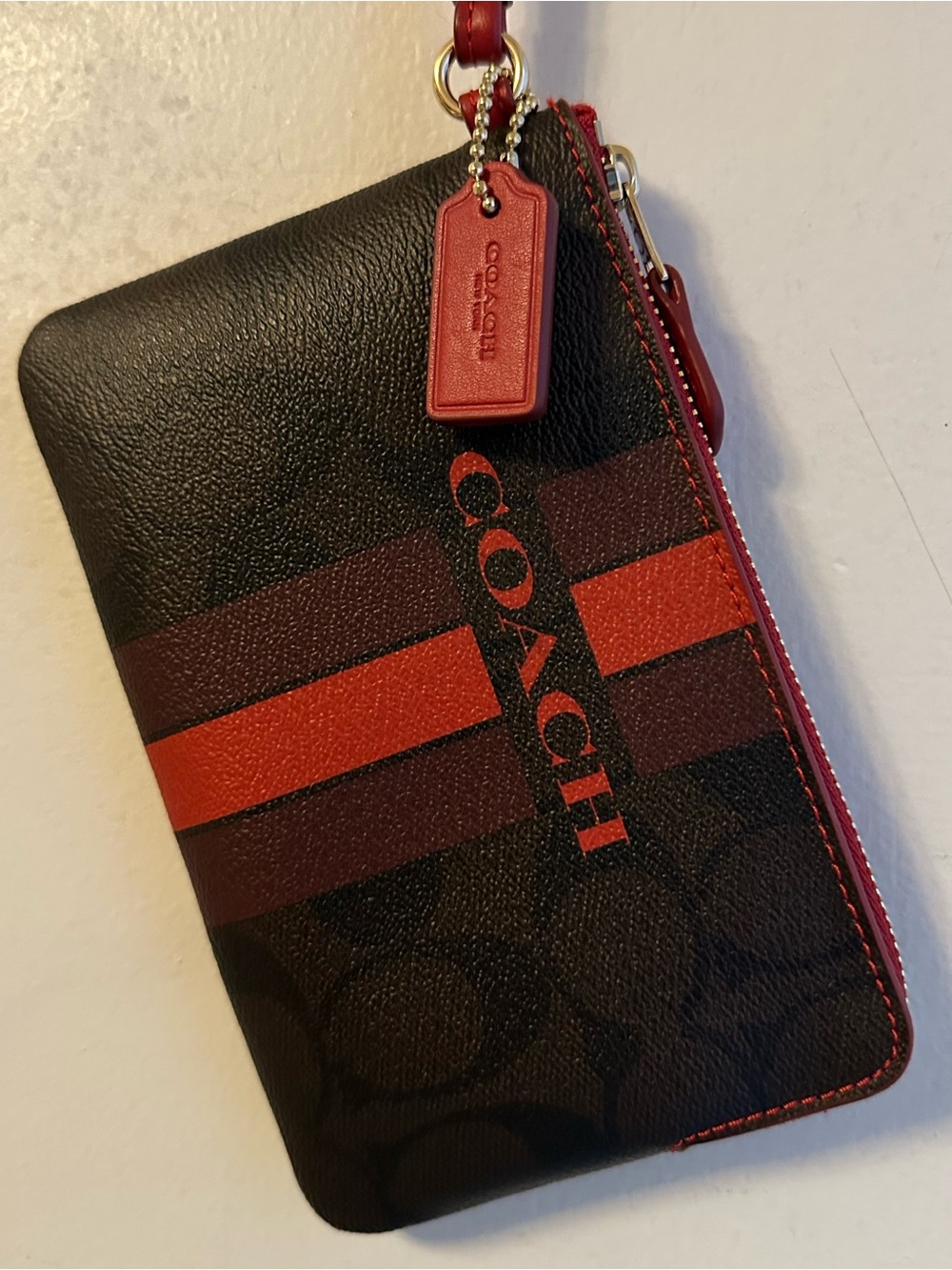 Coach Black and Red Signature Stripe Wristlet